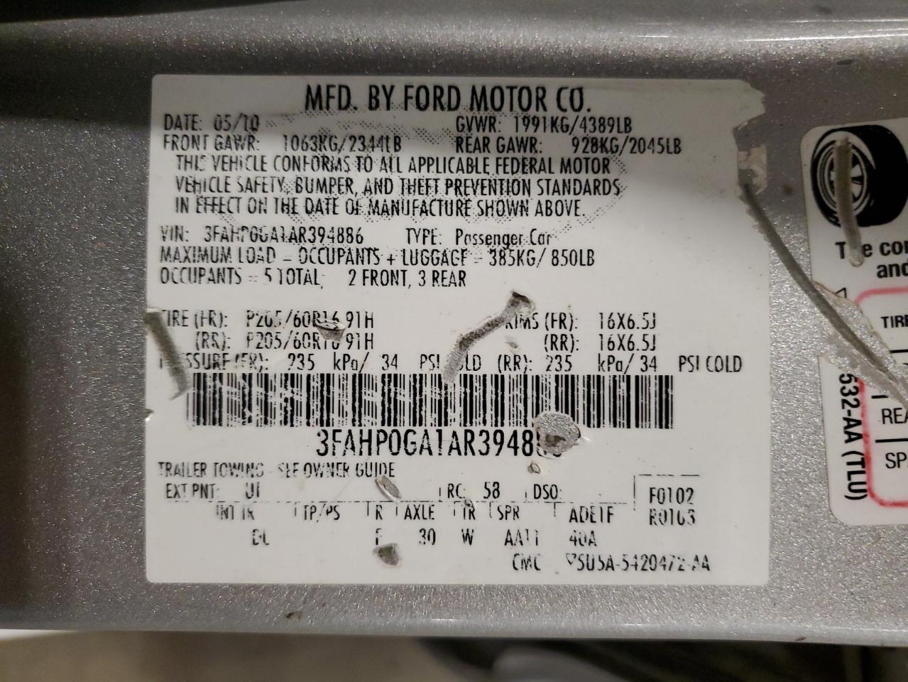 2010 Ford Fusion S VIN: 3FAHP0GA1AR394886 Lot: 85389615