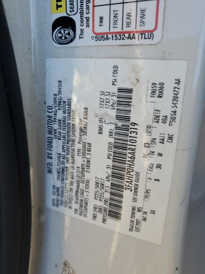 2010 Ford Fusion Se VIN: 3FAHP0HA6AR101319 Lot: 85280325