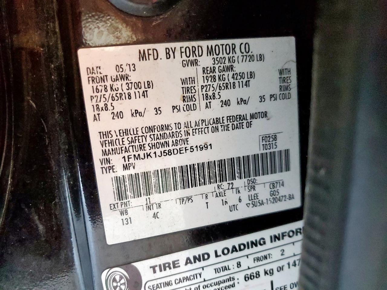 2013 Ford Expedition El Xlt VIN: 1FMJK1J58DEF51991 Lot: 85290455