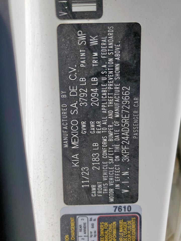 2024 Kia Forte Lx VIN: 3KPF24AD5RE729662 Lot: 85892335