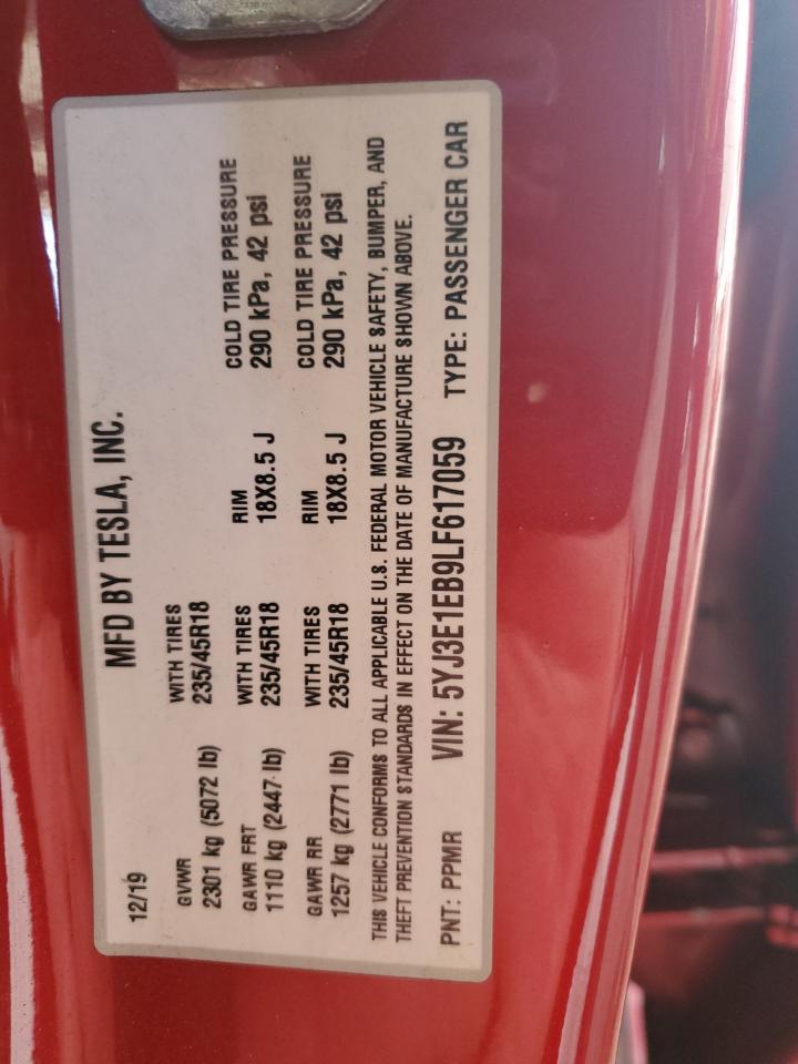 2020 Tesla Model 3 VIN: 5YJ3E1EB9LF617059 Lot: 82245535