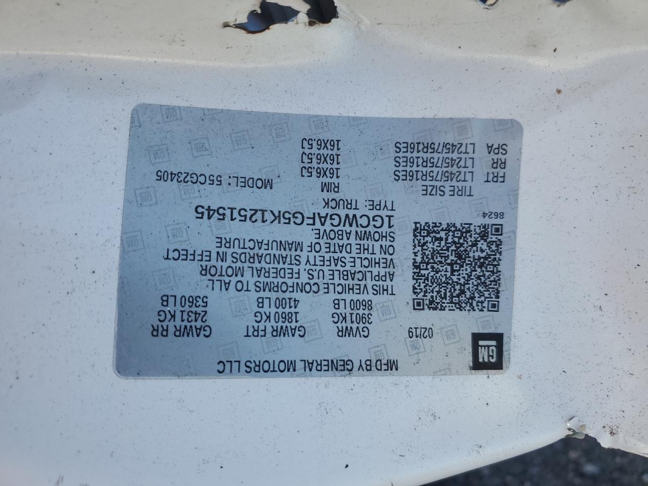 2019 Chevrolet Express G2500 VIN: 1GCWGAFG5K1251545 Lot: 82769885