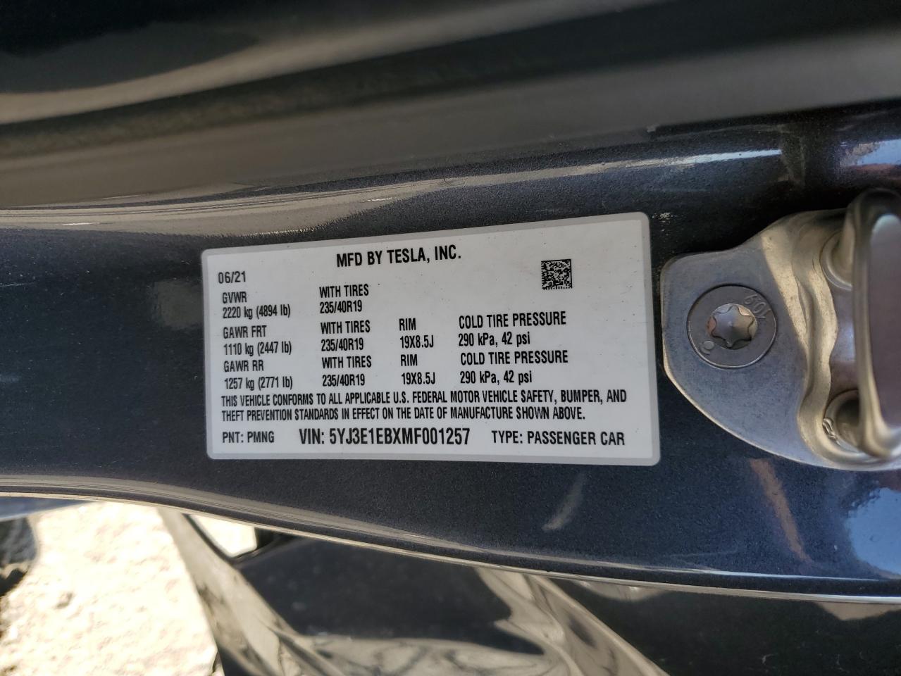 2021 Tesla Model 3 VIN: 5YJ3E1EBXMF001257 Lot: 84794965