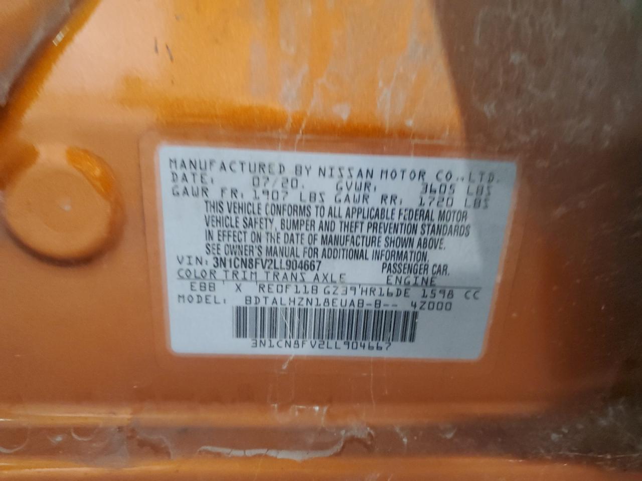 2020 Nissan Versa Sr VIN: 3N1CN8FV2LL904667 Lot: 86070855