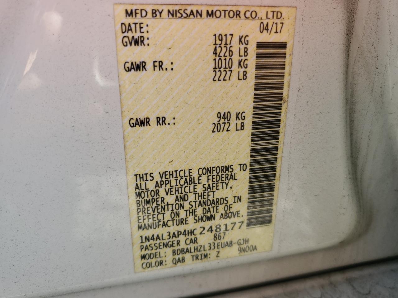 2017 Nissan Altima 2.5 VIN: 1N4AL3AP4HC248177 Lot: 86309725