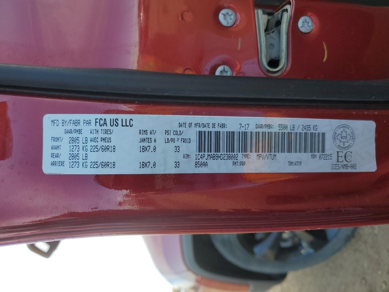 2017 Jeep Cherokee Sport VIN: 1C4PJMAB9HD238002 Lot: 89506555