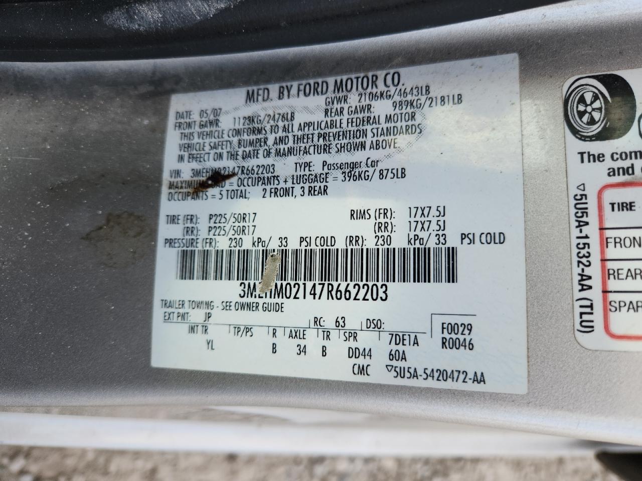 2007 Mercury Milan Premier VIN: 3MEHM02147R662203 Lot: 85724175