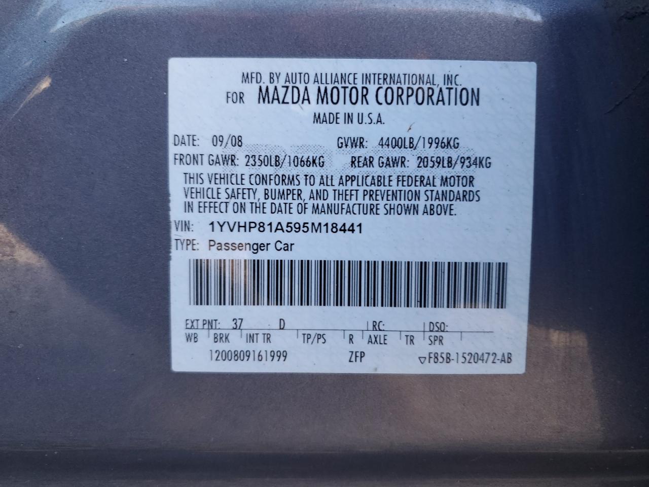 2009 Mazda 6 I VIN: 1YVHP81A595M18441 Lot: 90221205