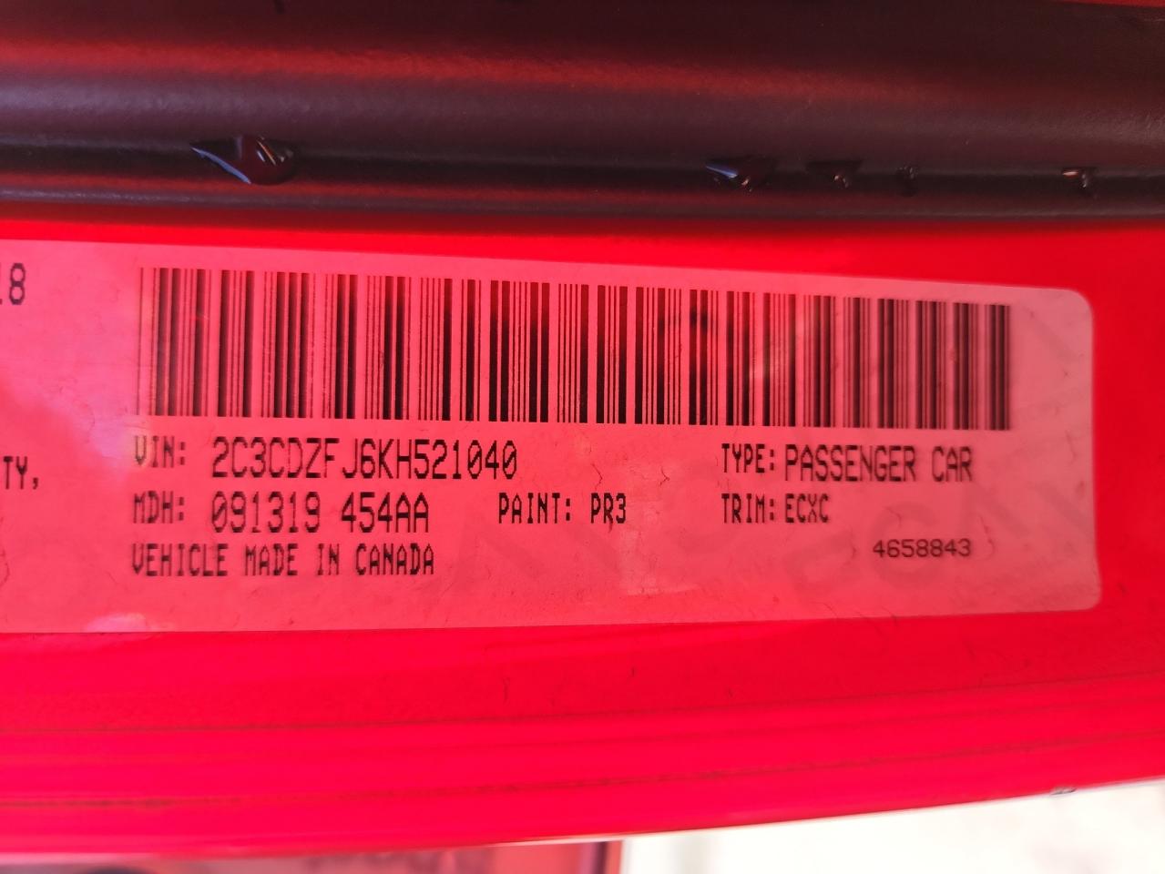 2019 Dodge Challenger R/T Scat Pack VIN: 2C3CDZFJ6KH521040 Lot: 90510355