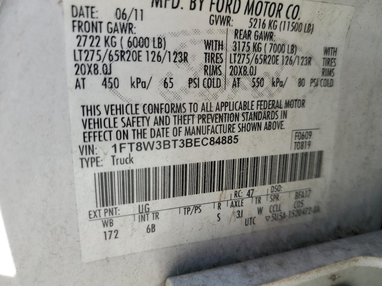 2011 Ford F350 Super Duty VIN: 1FT8W3BT3BEC84885 Lot: 81543485