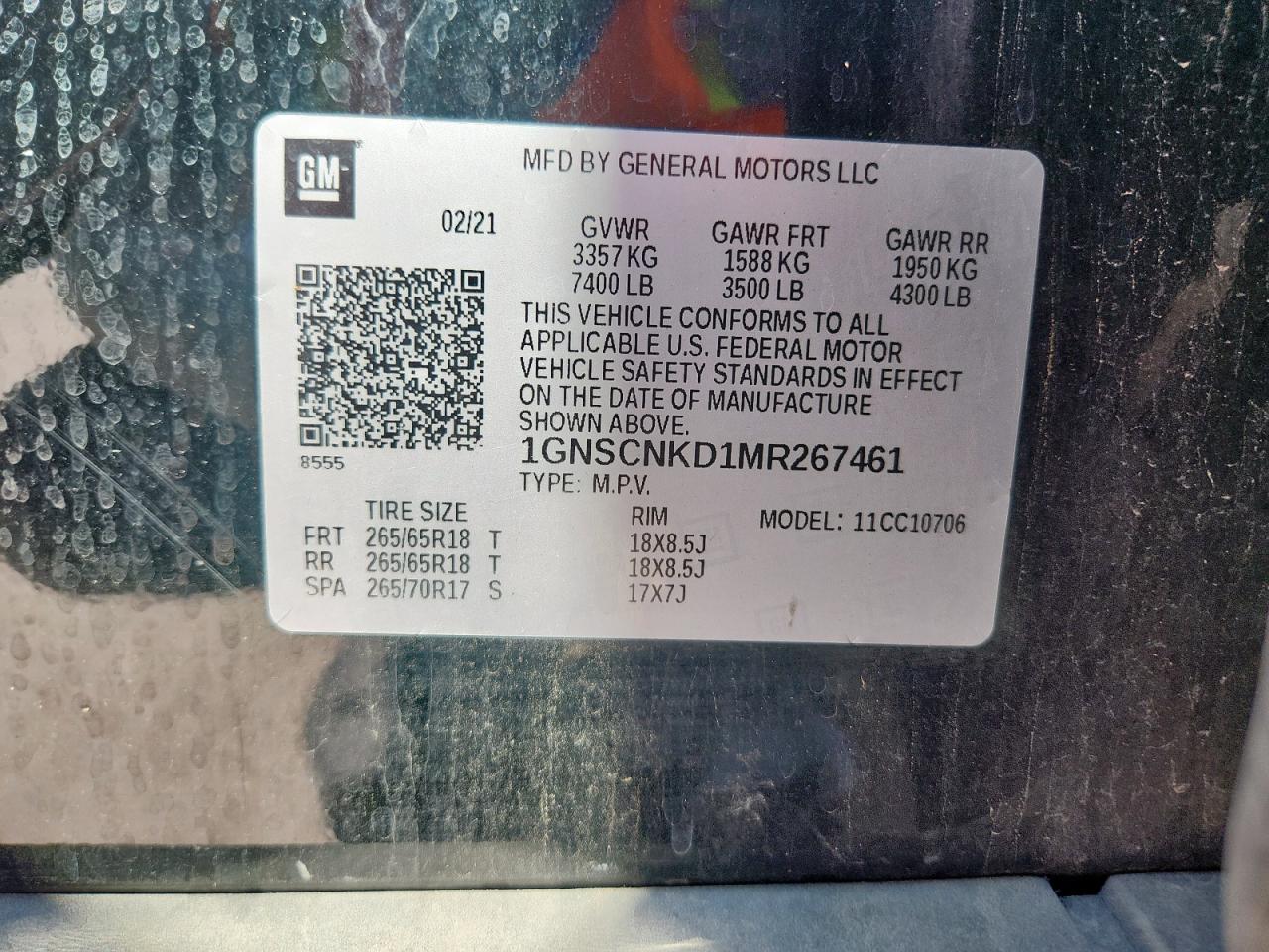 2021 Chevrolet Tahoe C1500 Lt VIN: 1GNSCNKD1MR267461 Lot: 86472485