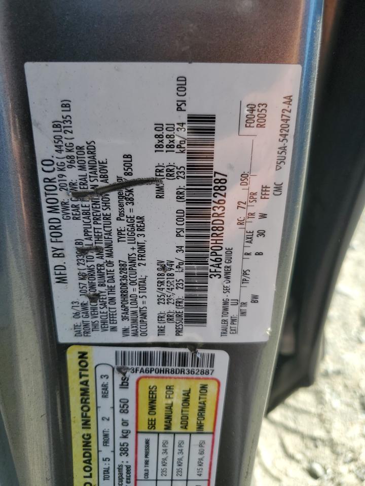 2013 Ford Fusion Se VIN: 3FA6P0HR8DR362887 Lot: 82247975