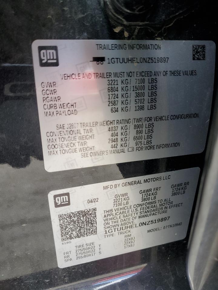 2022 GMC Sierra K1500 Denali Ultimate VIN: 1GTUUHEL0NZ519897 Lot: 90036275