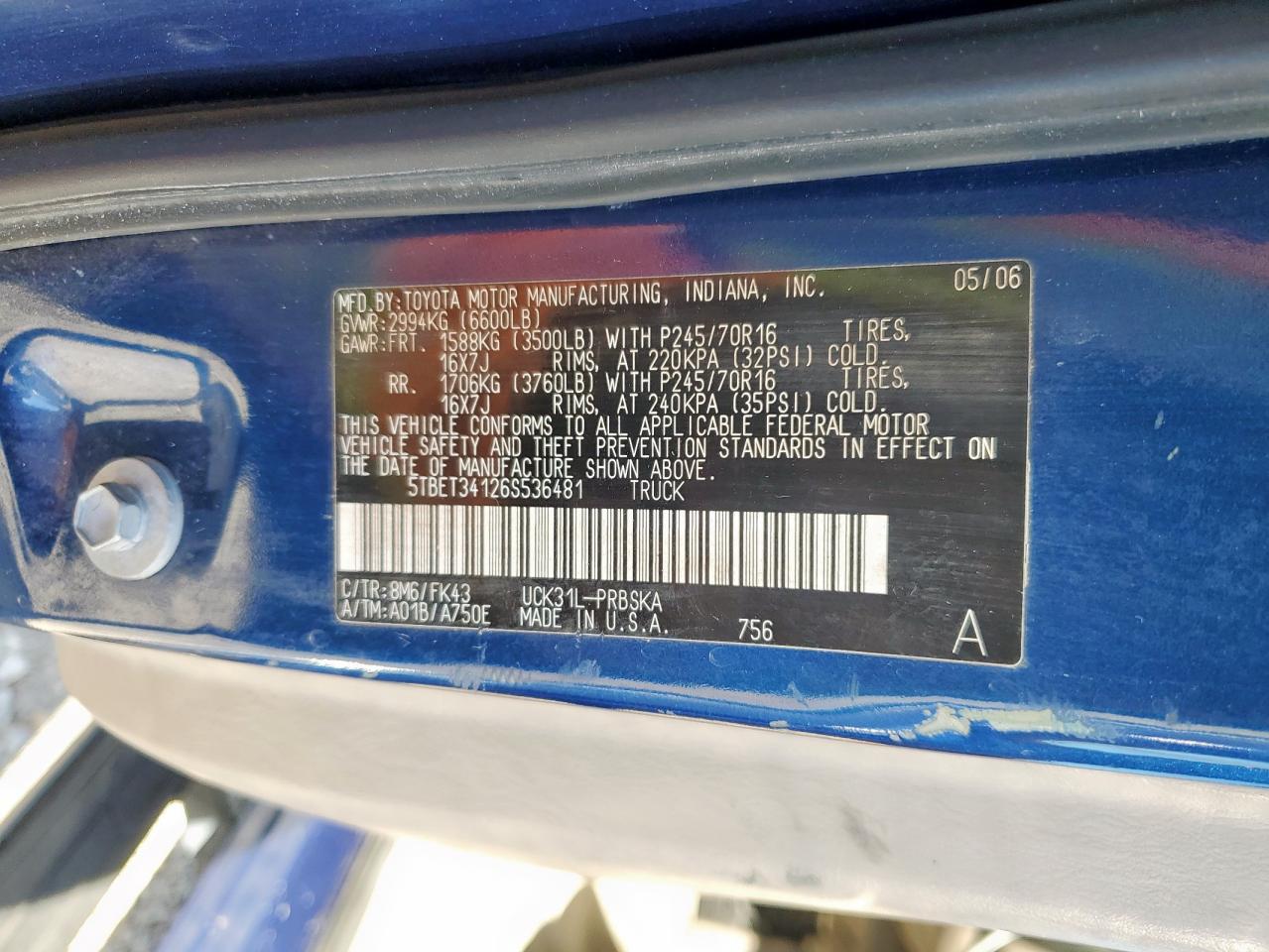 2006 Toyota Tundra Double Cab Sr5 VIN: 5TBET34126S536481 Lot: 90632115