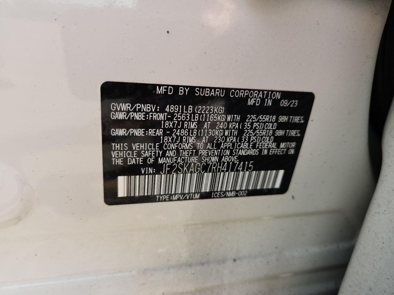 2024 Subaru Forester Sport VIN: JF2SKAGC7RH417415 Lot: 84940365