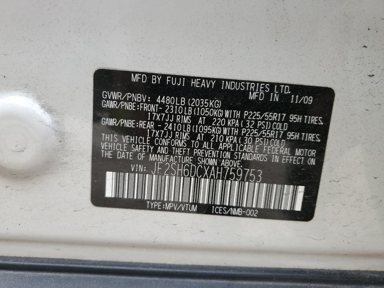 2010 Subaru Forester 2.5X Limited VIN: JF2SH6DCXAH759753 Lot: 86193985