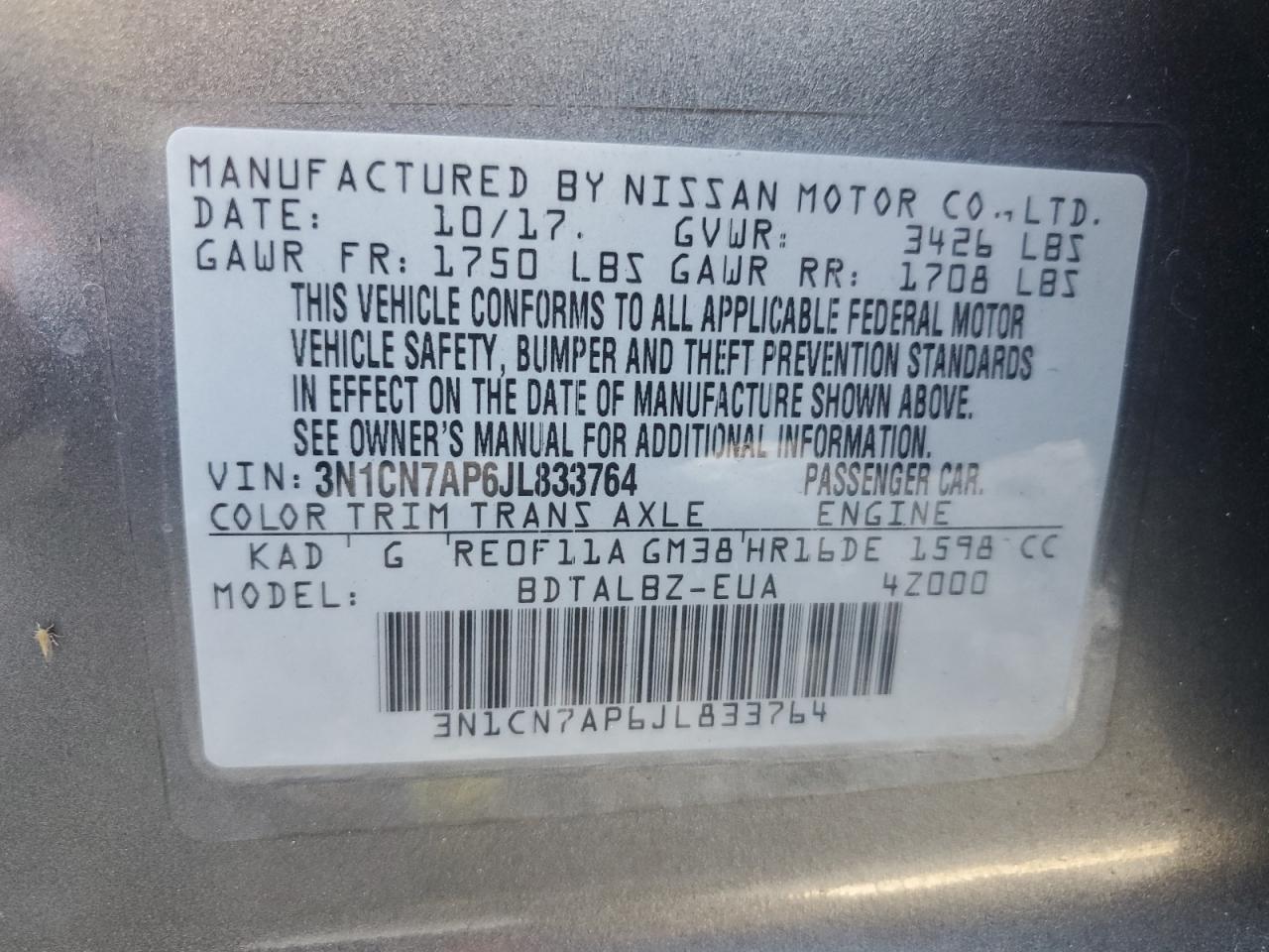 2018 Nissan Versa S VIN: 3N1CN7AP6JL833764 Lot: 85478565