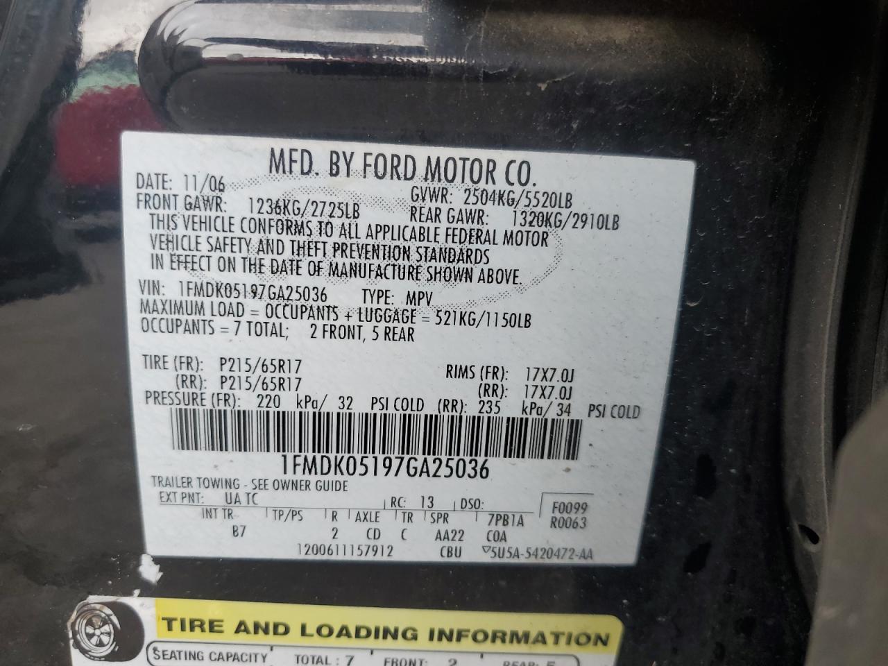 2007 Ford Freestyle Sel VIN: 1FMDK05197GA25036 Lot: 86617985