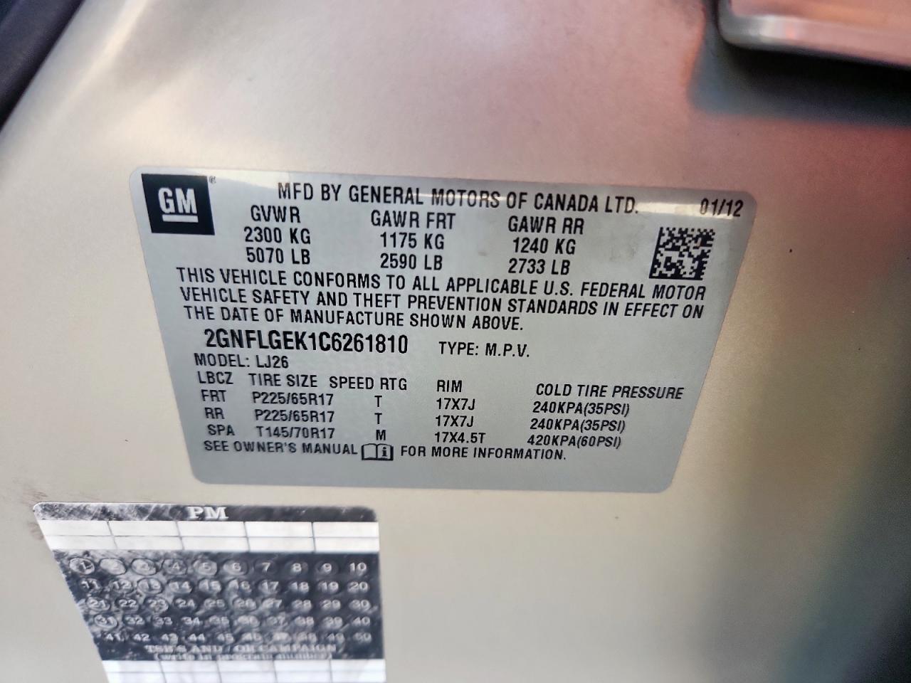 2012 Chevrolet Equinox Ltz VIN: 2GNFLGEK1C6261810 Lot: 85111715