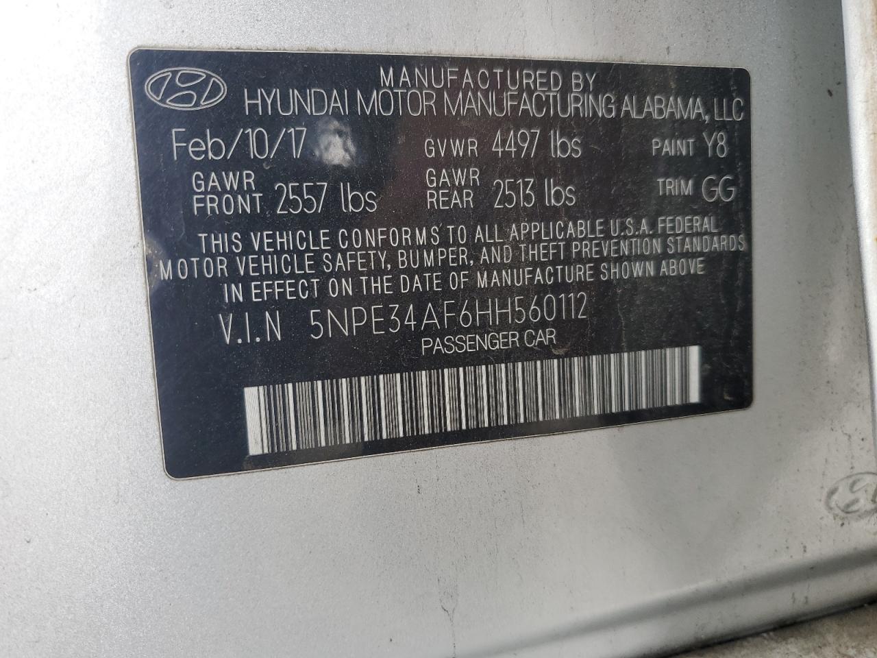 2017 Hyundai Sonata Sport VIN: 5NPE34AF6HH560112 Lot: 86114175
