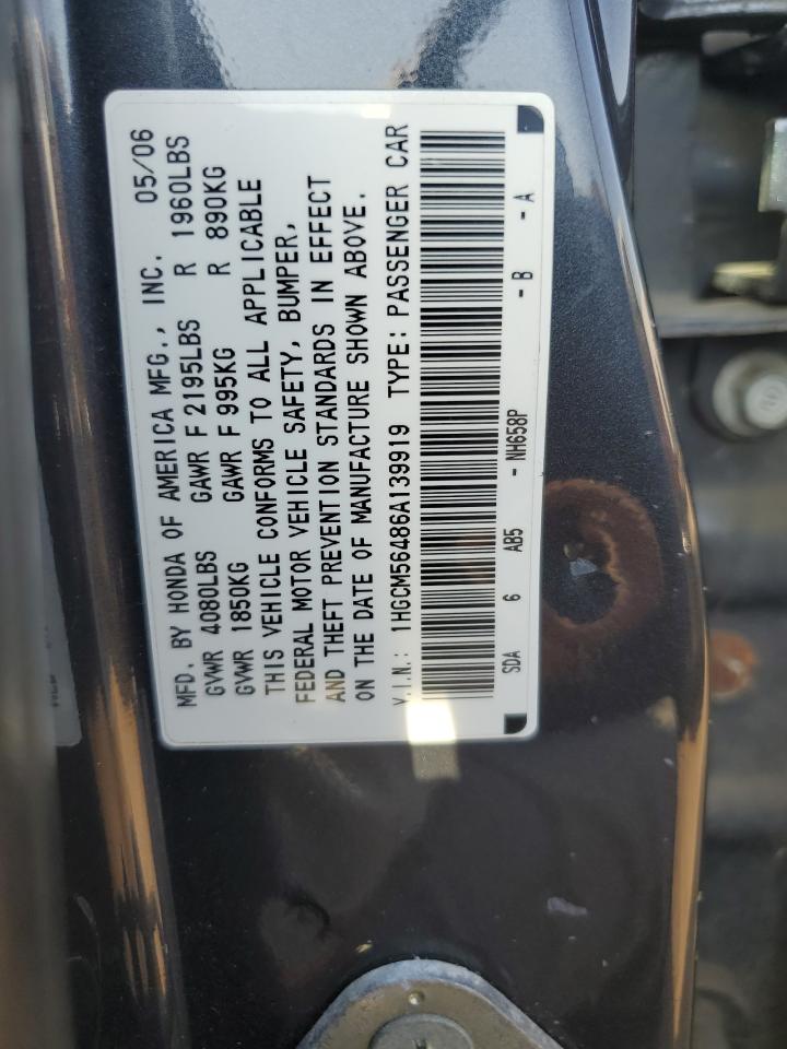 2006 Honda Accord Lx VIN: 1HGCM56486A139919 Lot: 81940845