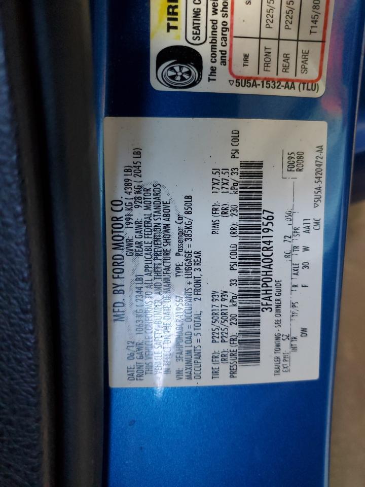 2012 Ford Fusion Se VIN: 3FAHP0HA0CR419567 Lot: 82289355