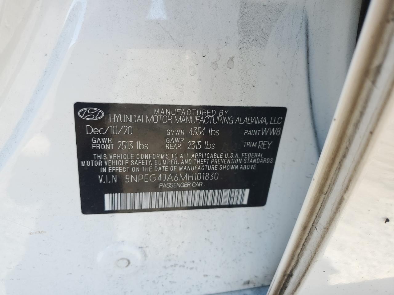 2021 Hyundai Sonata Se VIN: 5NPEG4JA6MH101830 Lot: 84926075