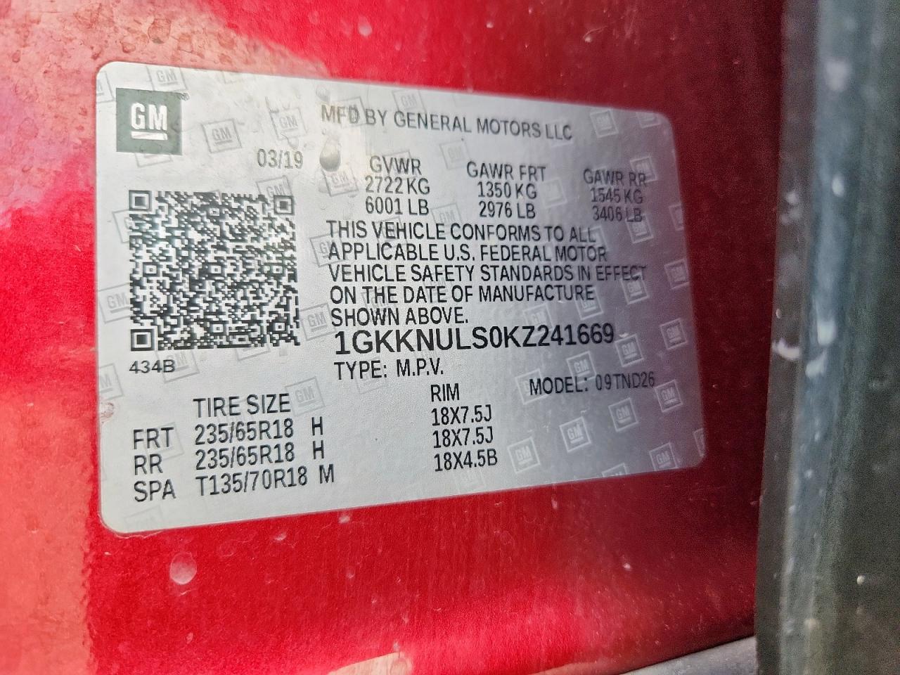 2019 GMC Acadia Slt-1 VIN: 1GKKNULS0KZ241669 Lot: 84968235