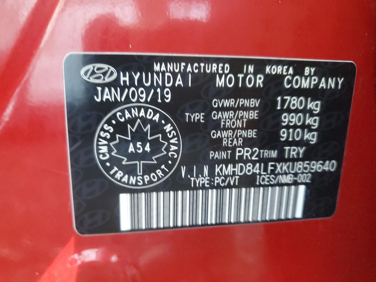 2019 Hyundai Elantra Sel VIN: KMHD84LFXKU859640 Lot: 84032295