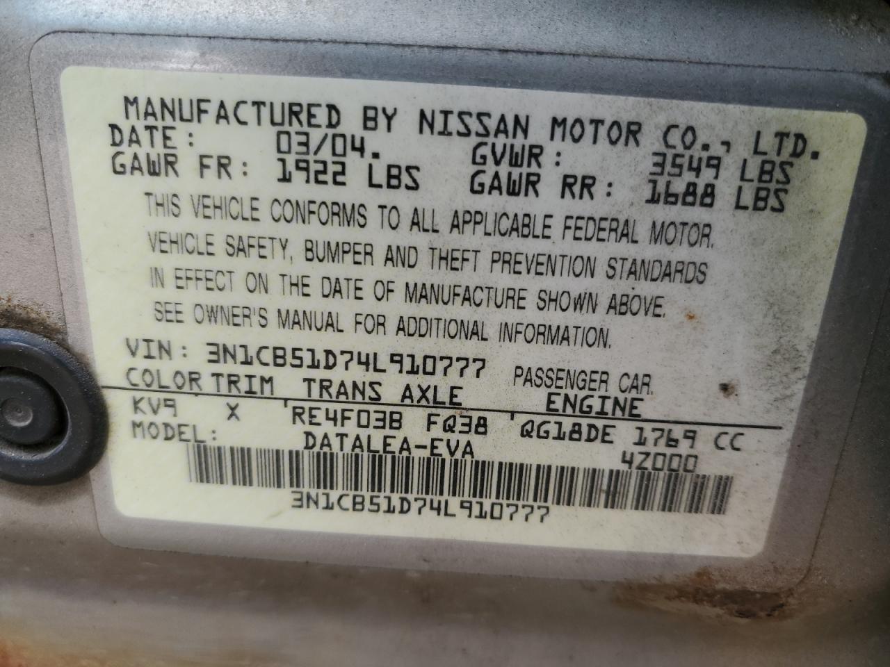 2004 Nissan Sentra 1.8 VIN: 3N1CB51D74L910777 Lot: 85892245