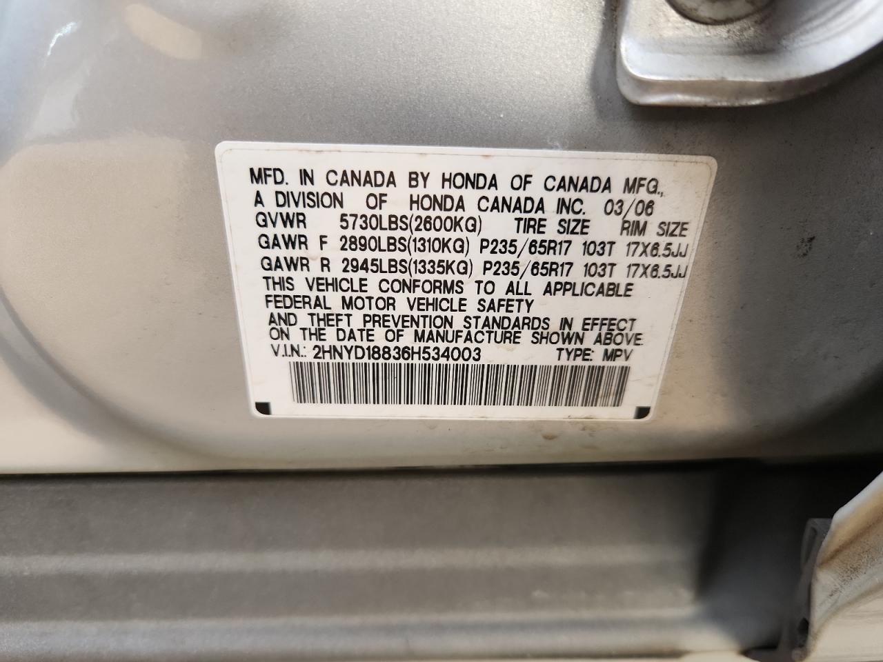 2006 Acura Mdx Touring VIN: 2HNYD18836H534003 Lot: 89814415