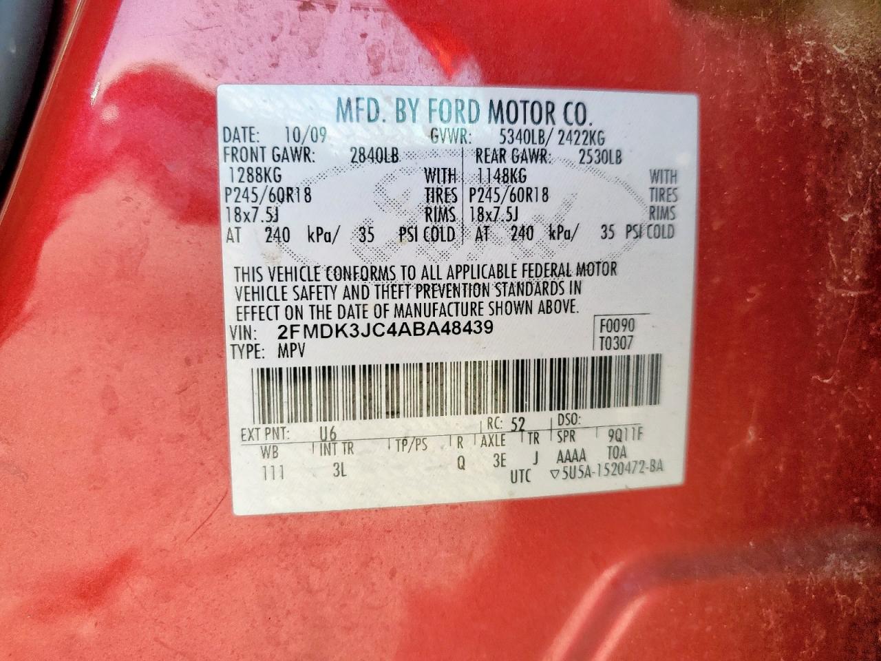 2010 Ford Edge Sel VIN: 2FMDK3JC4ABA48439 Lot: 82258265