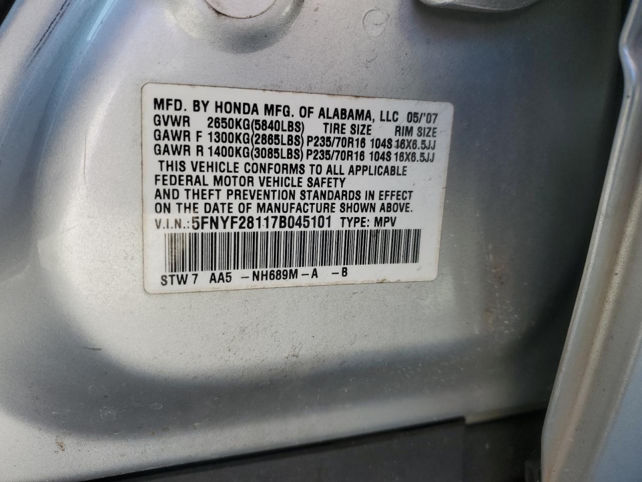 2007 Honda Pilot Lx VIN: 5FNYF28117B045101 Lot: 86882065