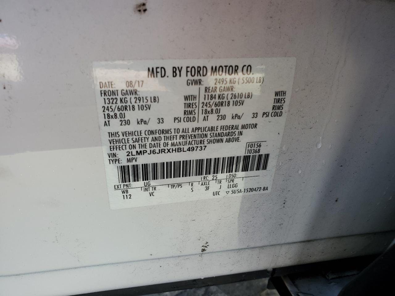 2017 Lincoln Mkx Premiere VIN: 2LMPJ6JRXHBL49737 Lot: 84467825