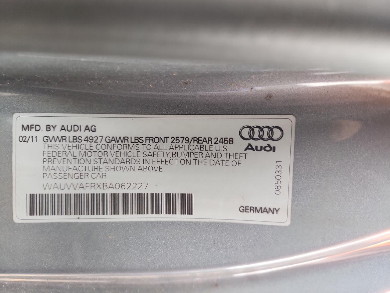 2011 Audi S5 Prestige VIN: WAUVVAFRXBA062227 Lot: 82196215