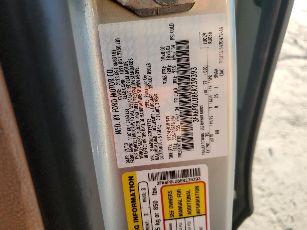 2014 Ford Fusion Se Hybrid VIN: 3FA6P0LU8ER239393 Lot: 84460265