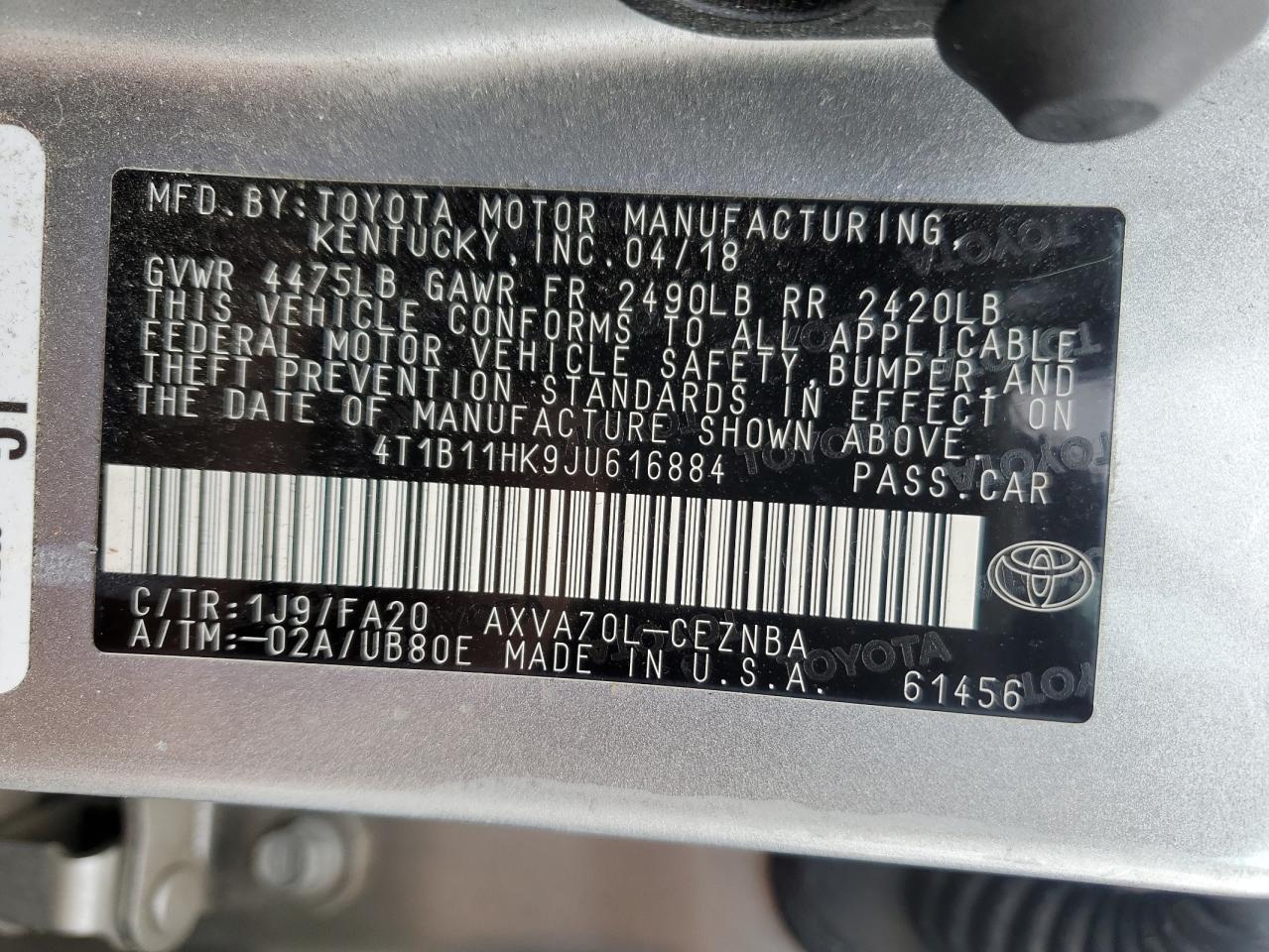 2018 Toyota Camry L VIN: 4T1B11HK9JU616884 Lot: 85708625