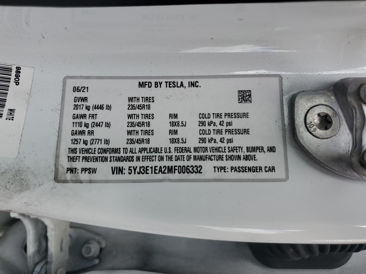 2021 Tesla Model 3 VIN: 5YJ3E1EA2MF006332 Lot: 85590765