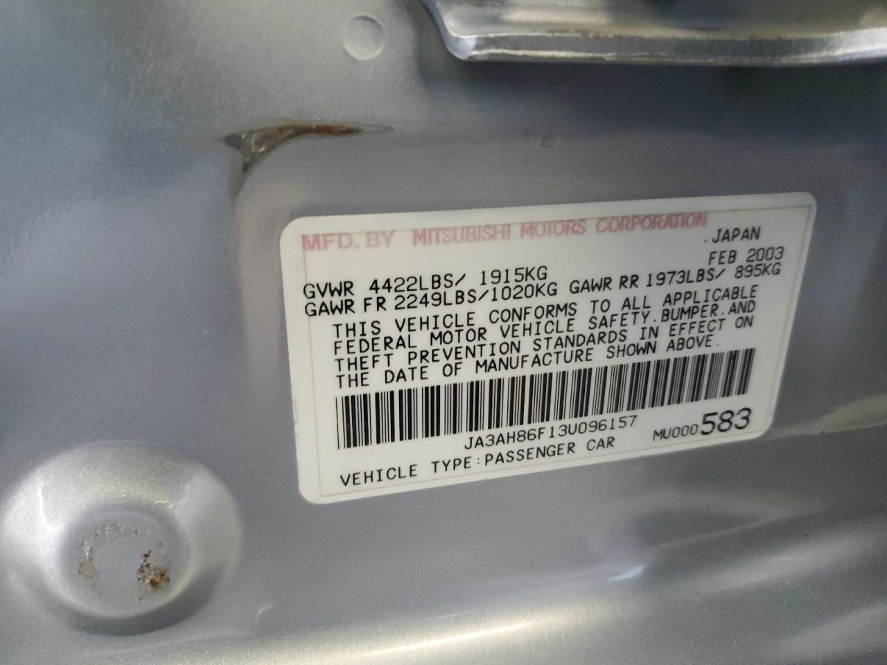 2003 Mitsubishi Lancer Evolution VIN: JA3AH86F13U096157 Lot: 85121495