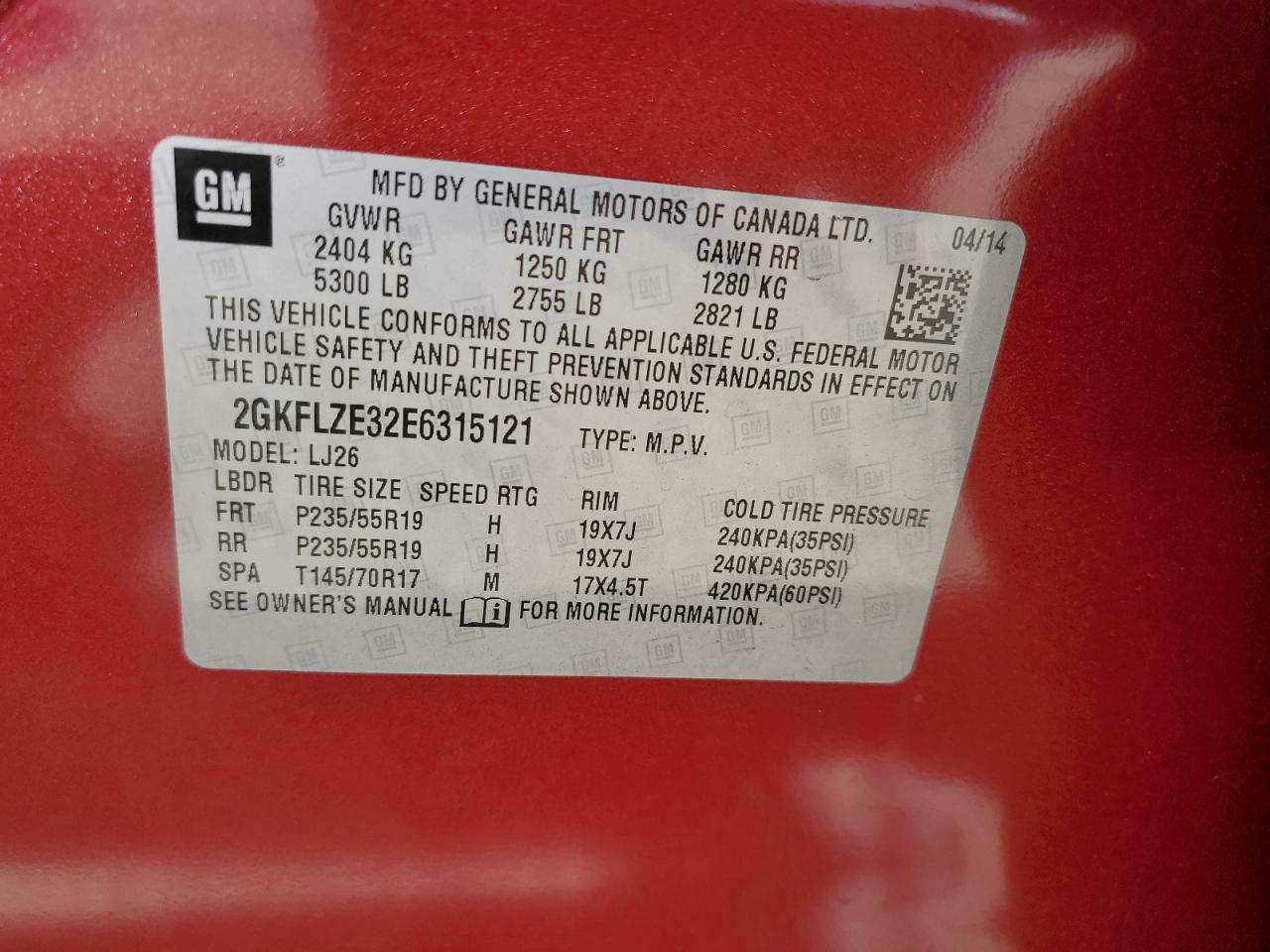 2014 GMC Terrain Sle VIN: 2GKFLVE32E6315121 Lot: 82506105