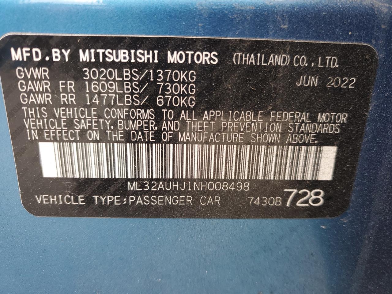 2022 Mitsubishi Mirage Es VIN: ML32AUHJ1NH008498 Lot: 89649085