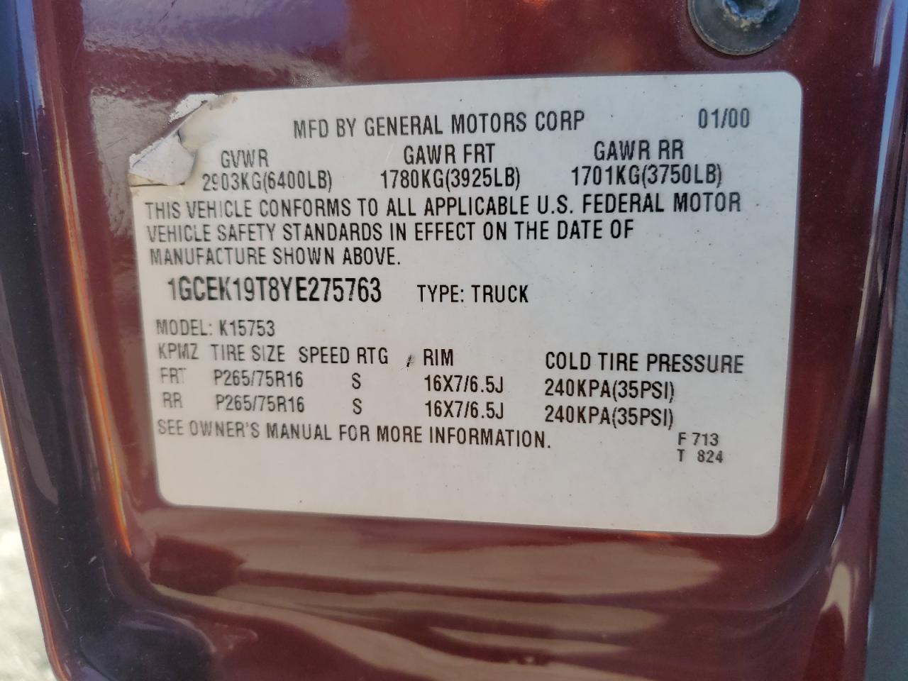 2000 Chevrolet Silverado K1500 VIN: 1GCEK19T8YE275763 Lot: 82243155