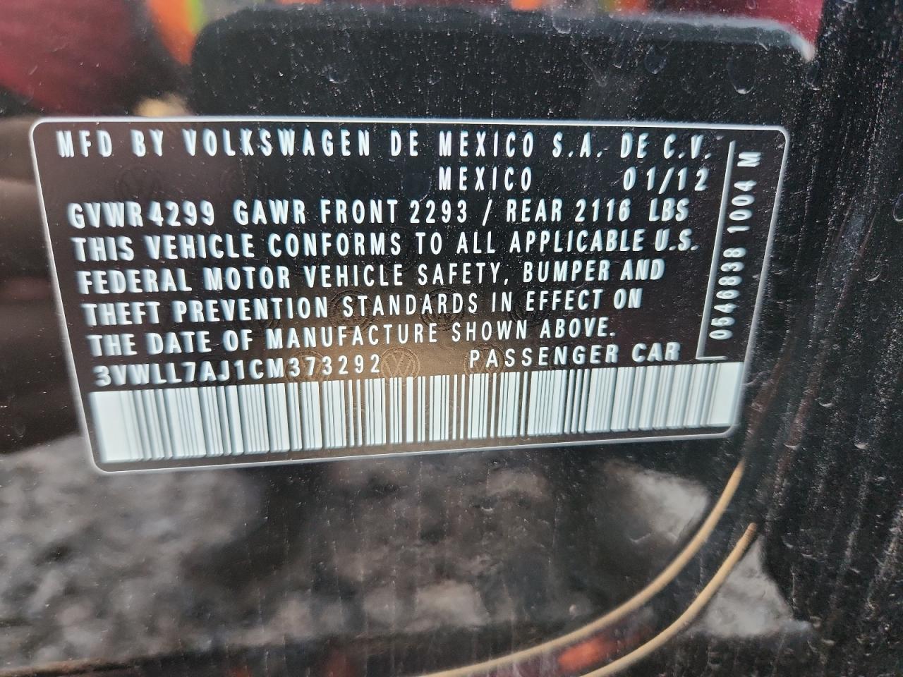 2012 Volkswagen Jetta Tdi VIN: 3VWLL7AJ1CM373292 Lot: 86859485