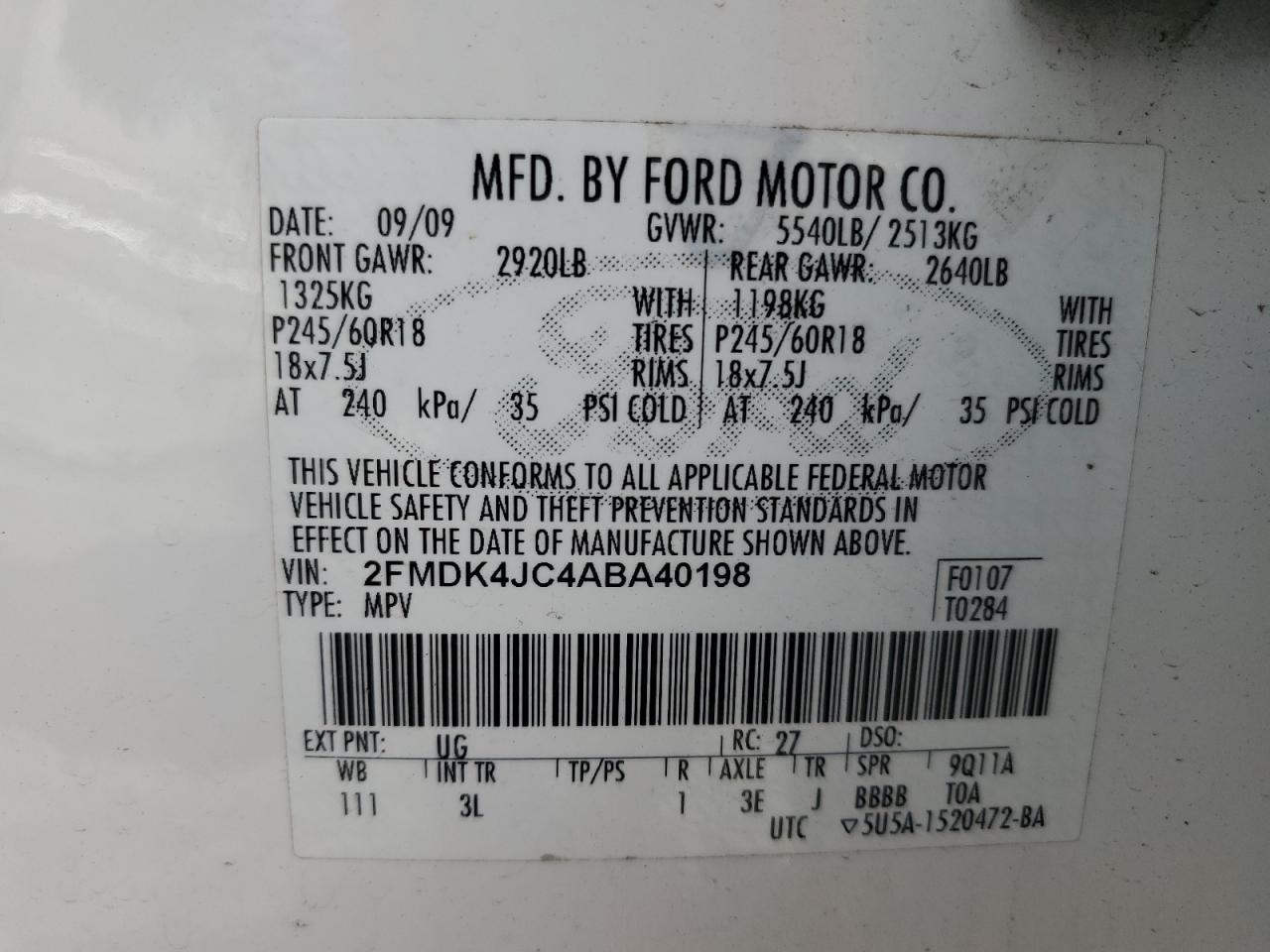 2010 Ford Edge Sel VIN: 2FMDK4JC4ABA40198 Lot: 89674695