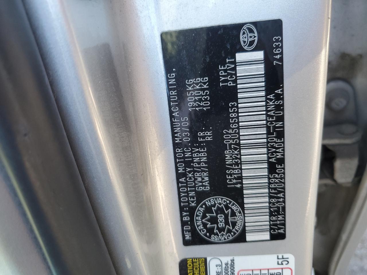 2005 Toyota Camry Le VIN: 4T1BE32K75U565853 Lot: 85829175