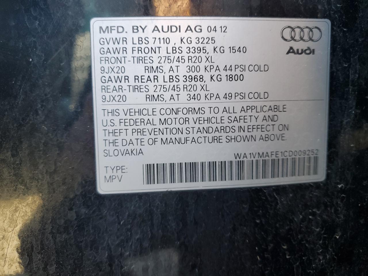 2012 Audi Q7 Prestige VIN: WA1VMAFE1CD009252 Lot: 86805275