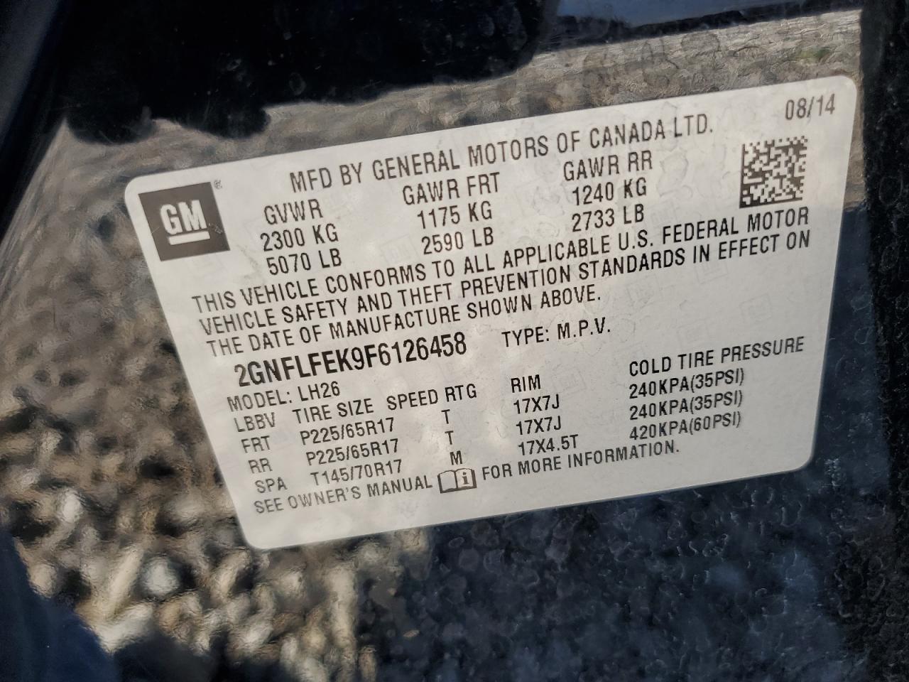 2015 Chevrolet Equinox Lt VIN: 2GNFLFEK9F6126458 Lot: 82300935