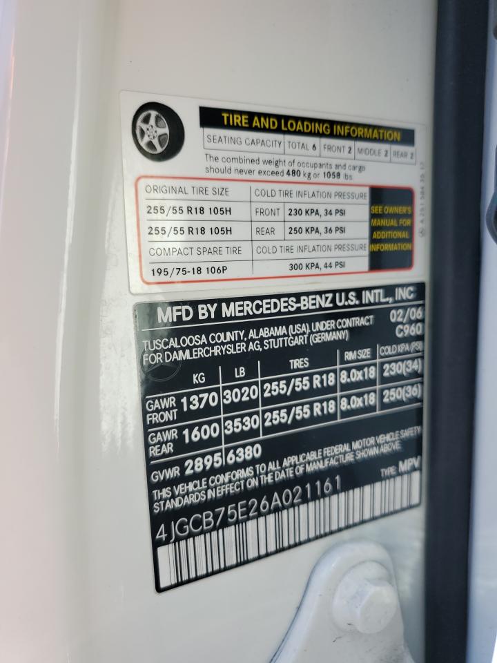 2006 Mercedes-Benz R 500 VIN: 4JGCB75E26A021161 Lot: 89706005