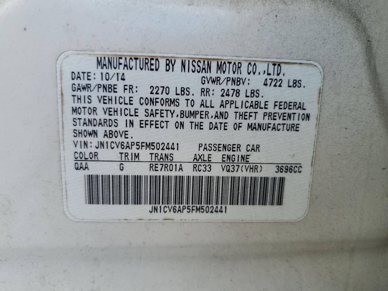 2015 Infiniti Q40 VIN: JN1CV6AP5FM502441 Lot: 86225845