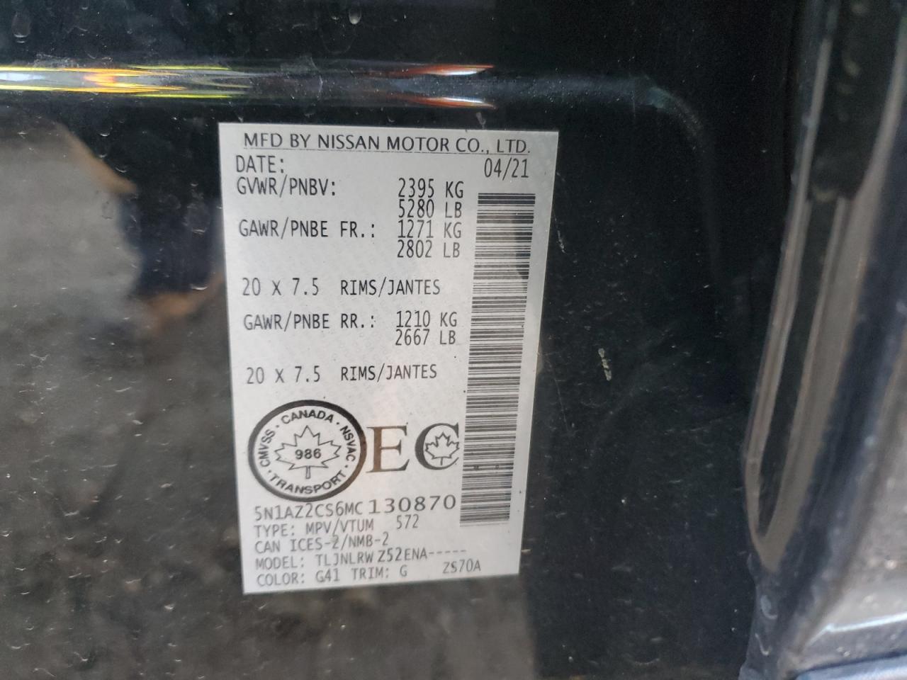 2021 Nissan Murano Sl VIN: 5N1AZ2CS6MC130870 Lot: 90236415